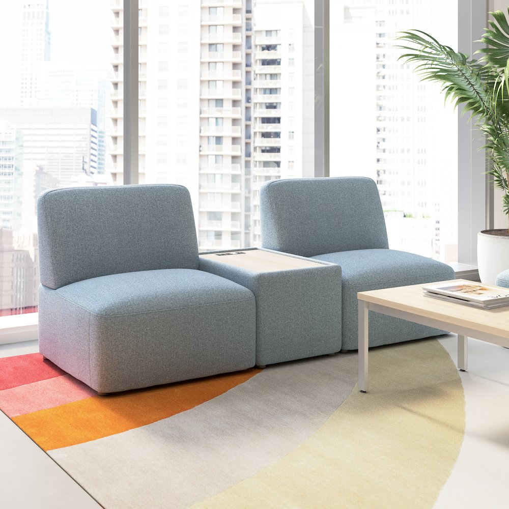 Assemble Modular 2 Seater Sectional with Charging Station in Mist Fabric. Picture 2