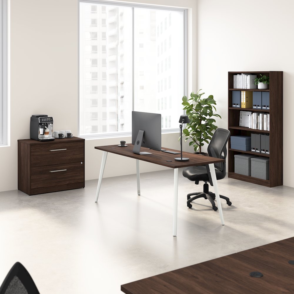 Vista 72W Desk with Splayed Metal Legs, Lateral File Cabinet, and Bookcase. Picture 2