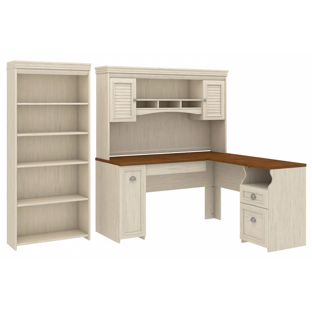 Fairview 60W L Shaped Desk with Hutch and 5 Shelf Bookcase. Picture 1