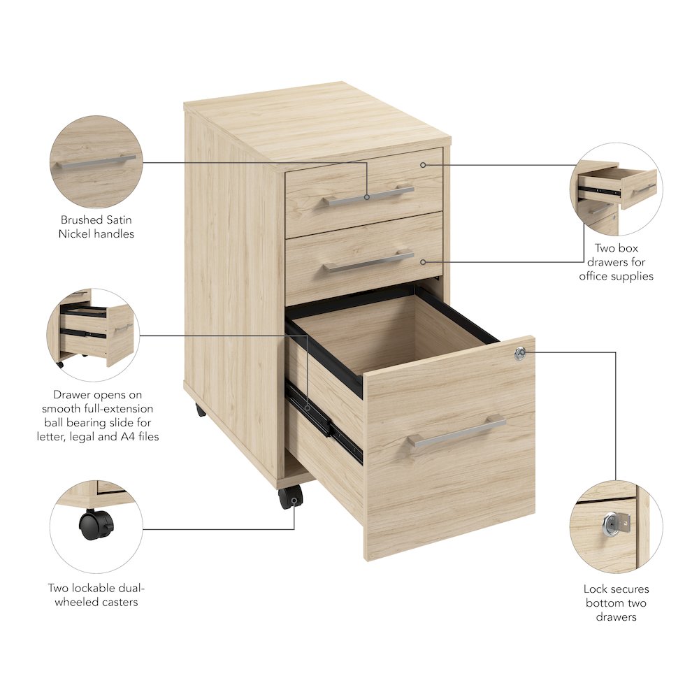 Hustle 3 Drawer Rolling File Cabinet with Lock in Natural Elm. Picture 9