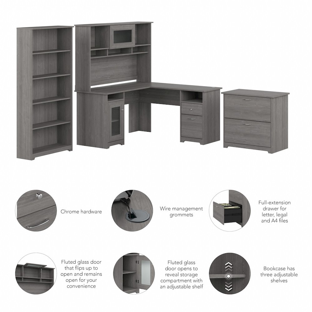 Cabot 60W L Shaped Computer Desk with Hutch, File Cabinet and Bookcase. Picture 8