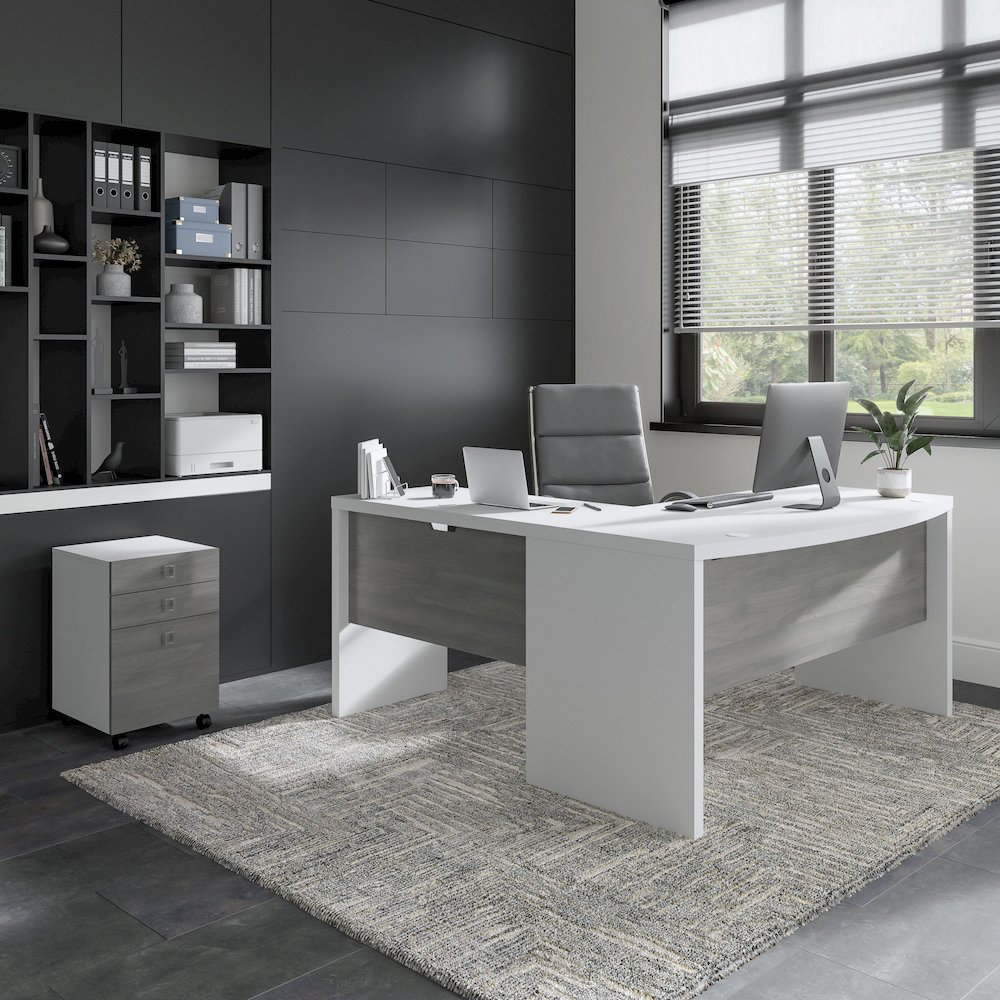 Echo L Shaped Bow Front Desk with Mobile File Cabinet. Picture 2