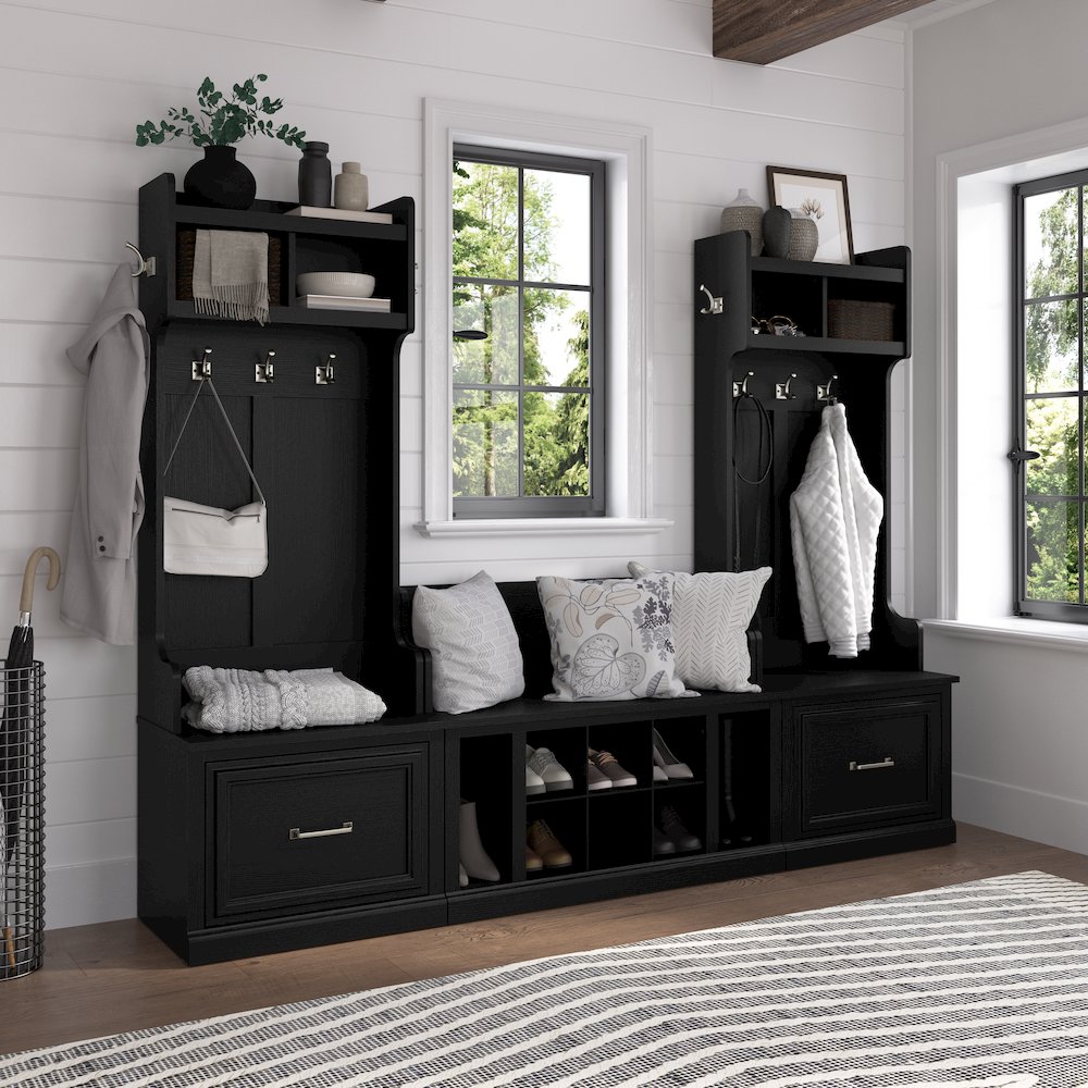 Woodland Entryway Storage Set with Hall Trees and Shoe Bench with Drawers. Picture 2