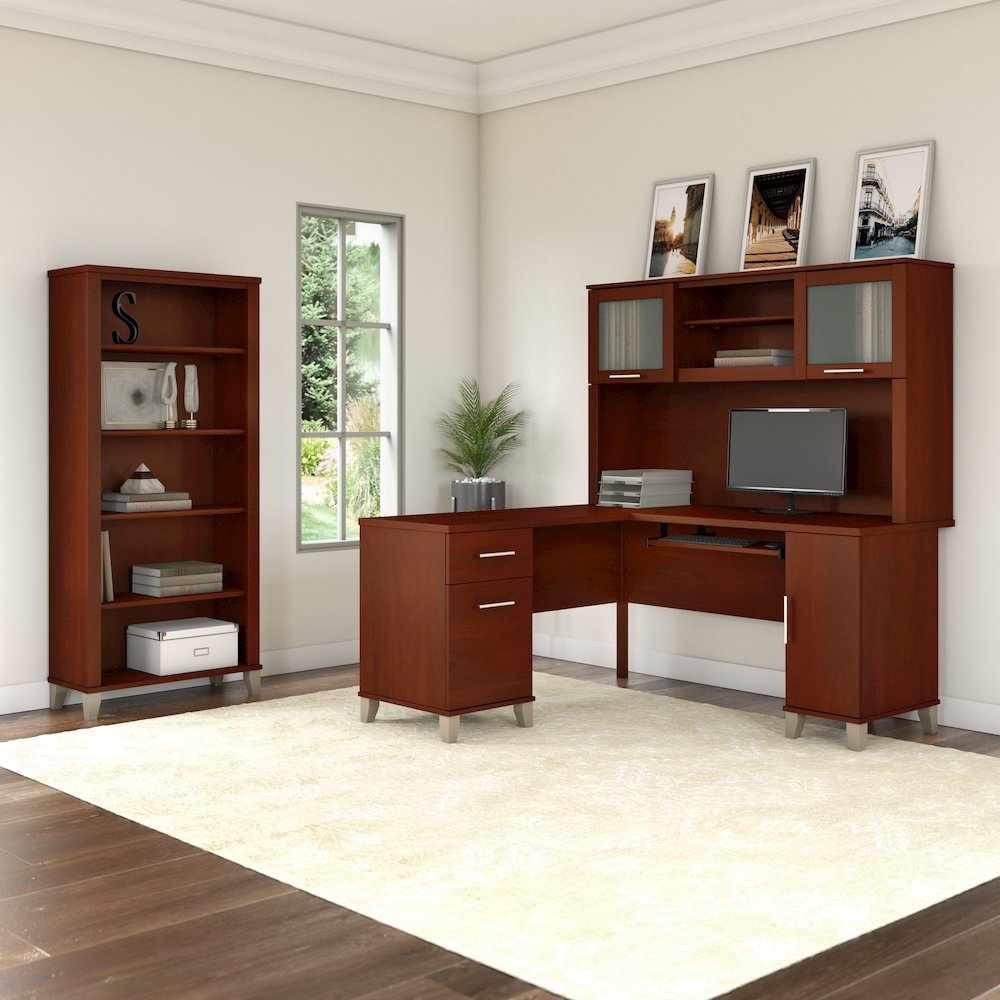 Somerset 60W L Shaped Desk with Hutch and 5 Shelf Bookcase. Picture 2