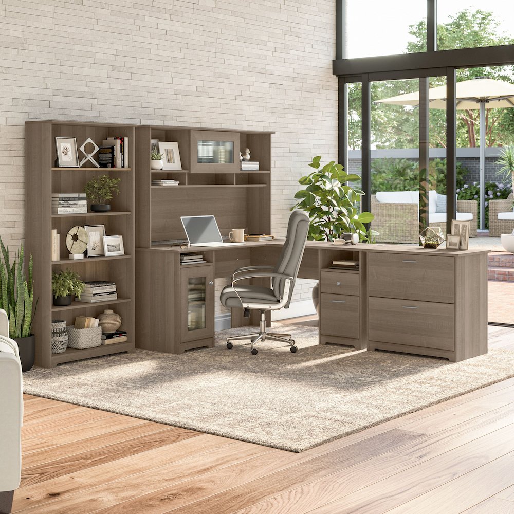 Cabot 60W L Shaped Computer Desk with Hutch, File Cabinet and Bookcase. Picture 2