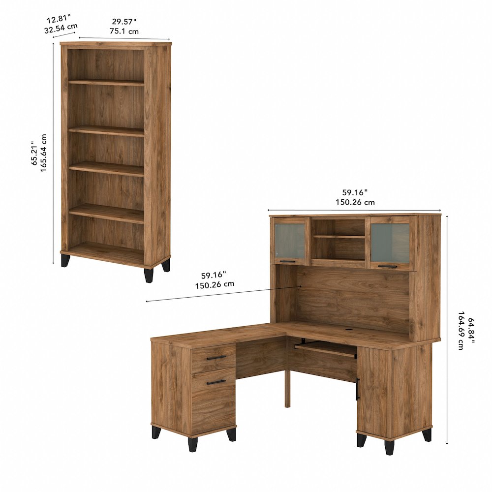 Somerset 60W L Shaped Desk with Hutch and 5 Shelf Bookcase. Picture 11
