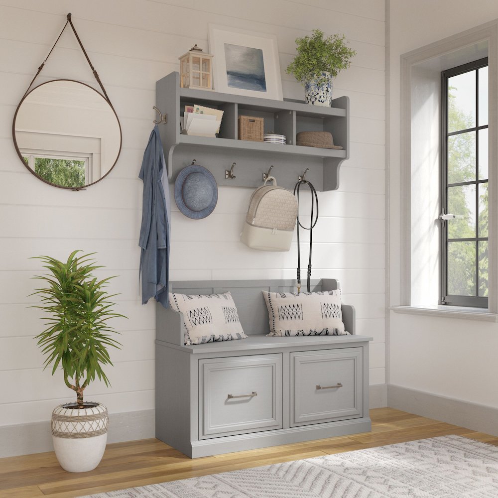 Woodland 40W Entryway Bench with Doors and Wall Mounted Coat Rack. Picture 2