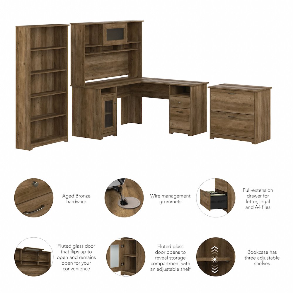 Cabot 60W L Shaped Computer Desk with Hutch, File Cabinet and Bookcase. Picture 8