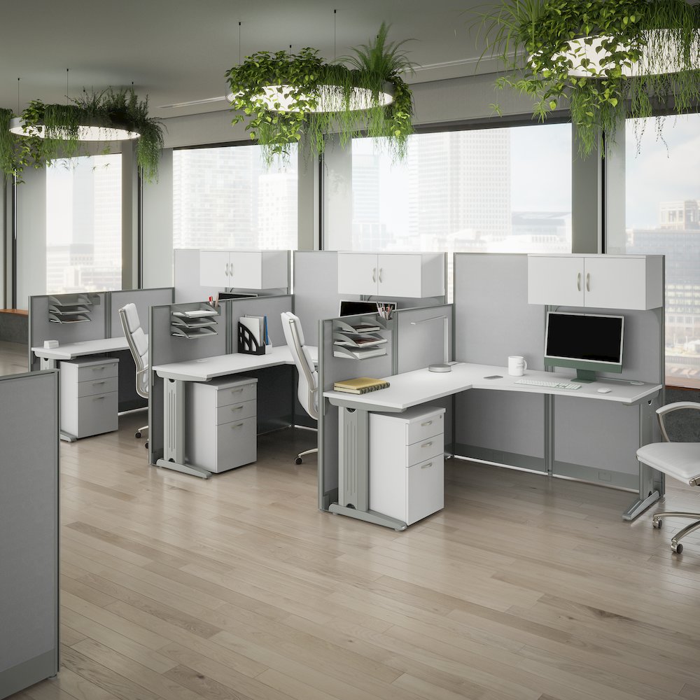 3 Person L Shaped Cubicle Desks with Storage, Drawers, and Organizers. Picture 2