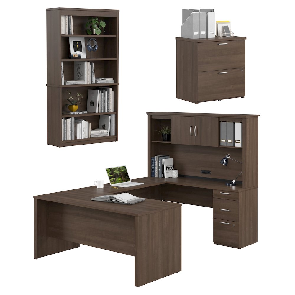 66W U-Shaped Desk with Hutch, Lateral File Cabinet, and Bookcase. Picture 1