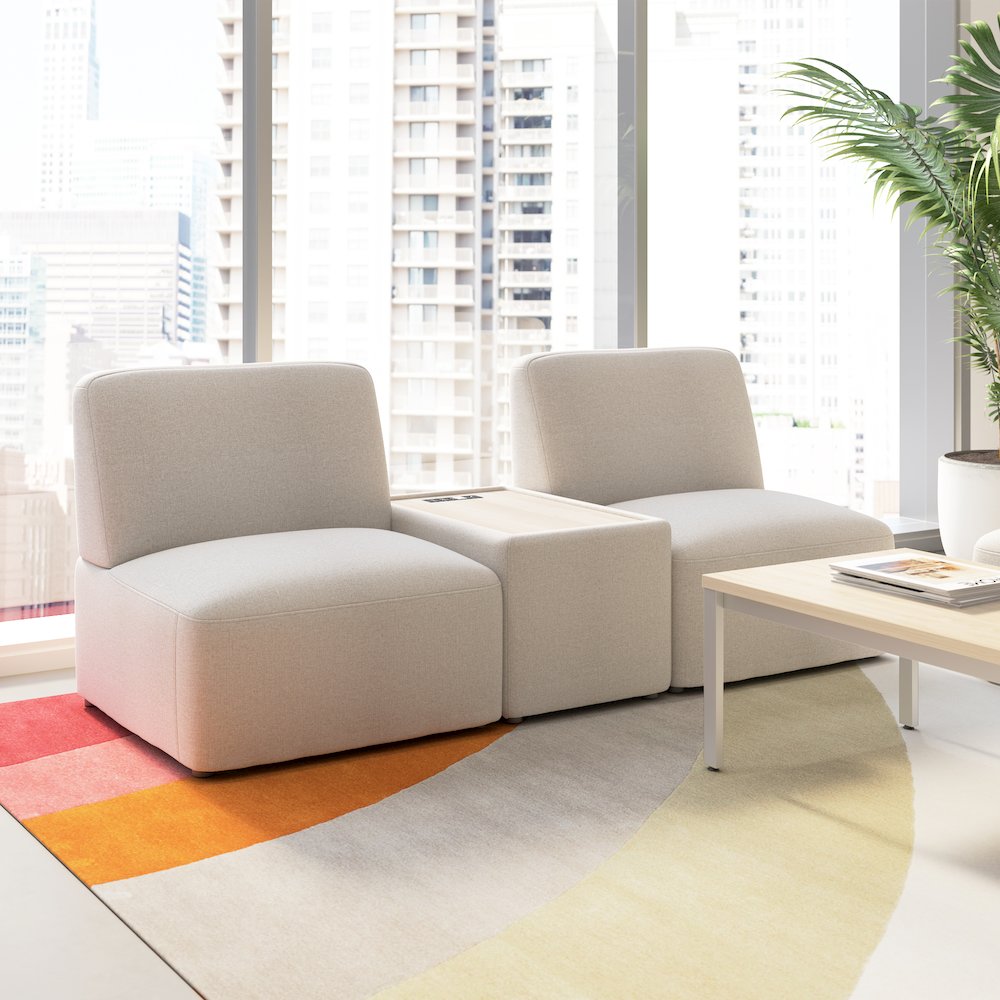Assemble Modular 2 Seater Sectional with Charging Station in Oat Fabric. Picture 2
