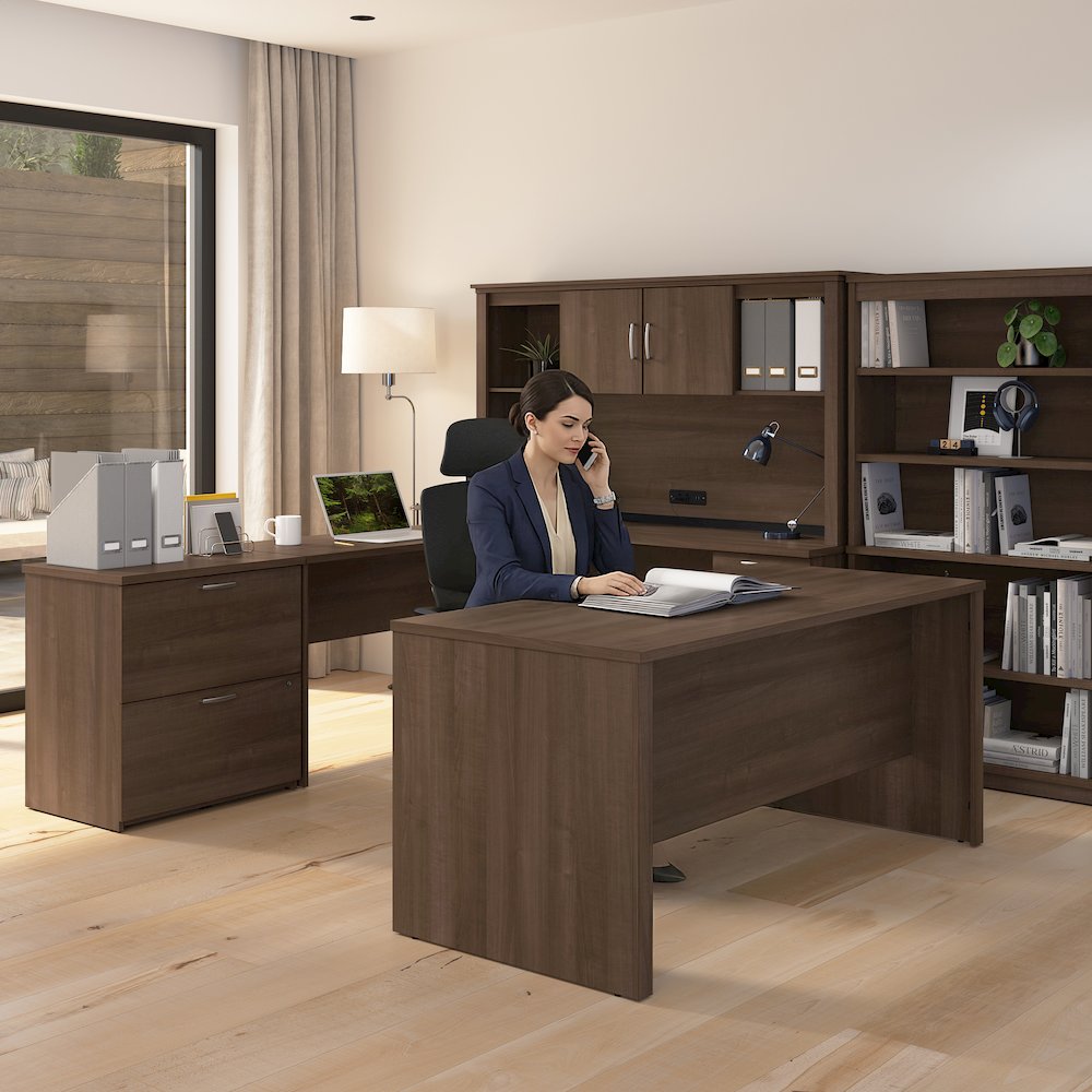 66W U or L-Shaped Executive Office Desk with Pedestal and Hutch. Picture 3
