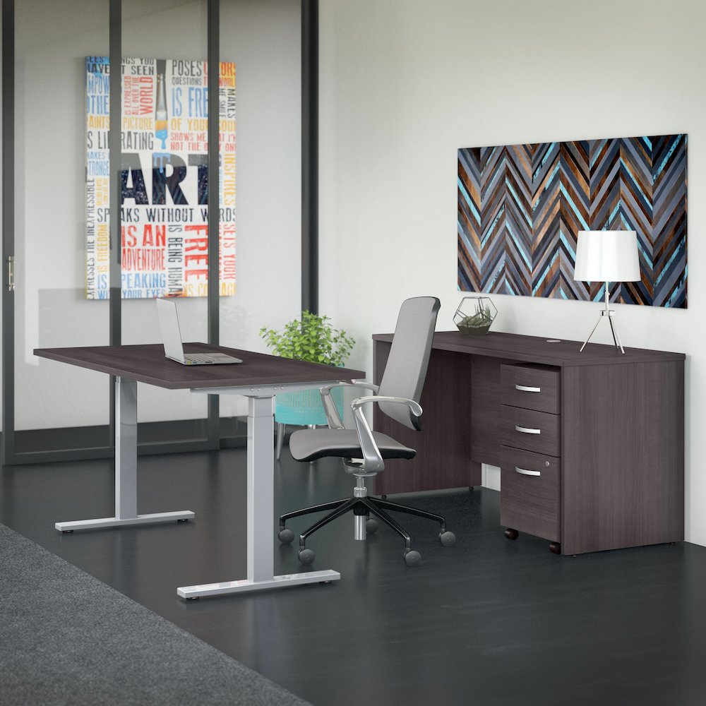 60W x 30D Height Adjustable Standing Desk, Credenza and Mobile File Cabinet. Picture 2
