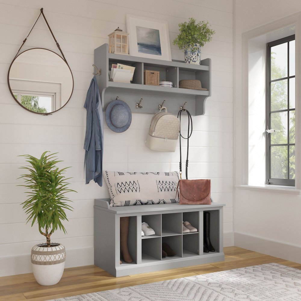 Woodland 40W Shoe Storage Bench with Shelves and Wall Mounted Coat Rack. Picture 2