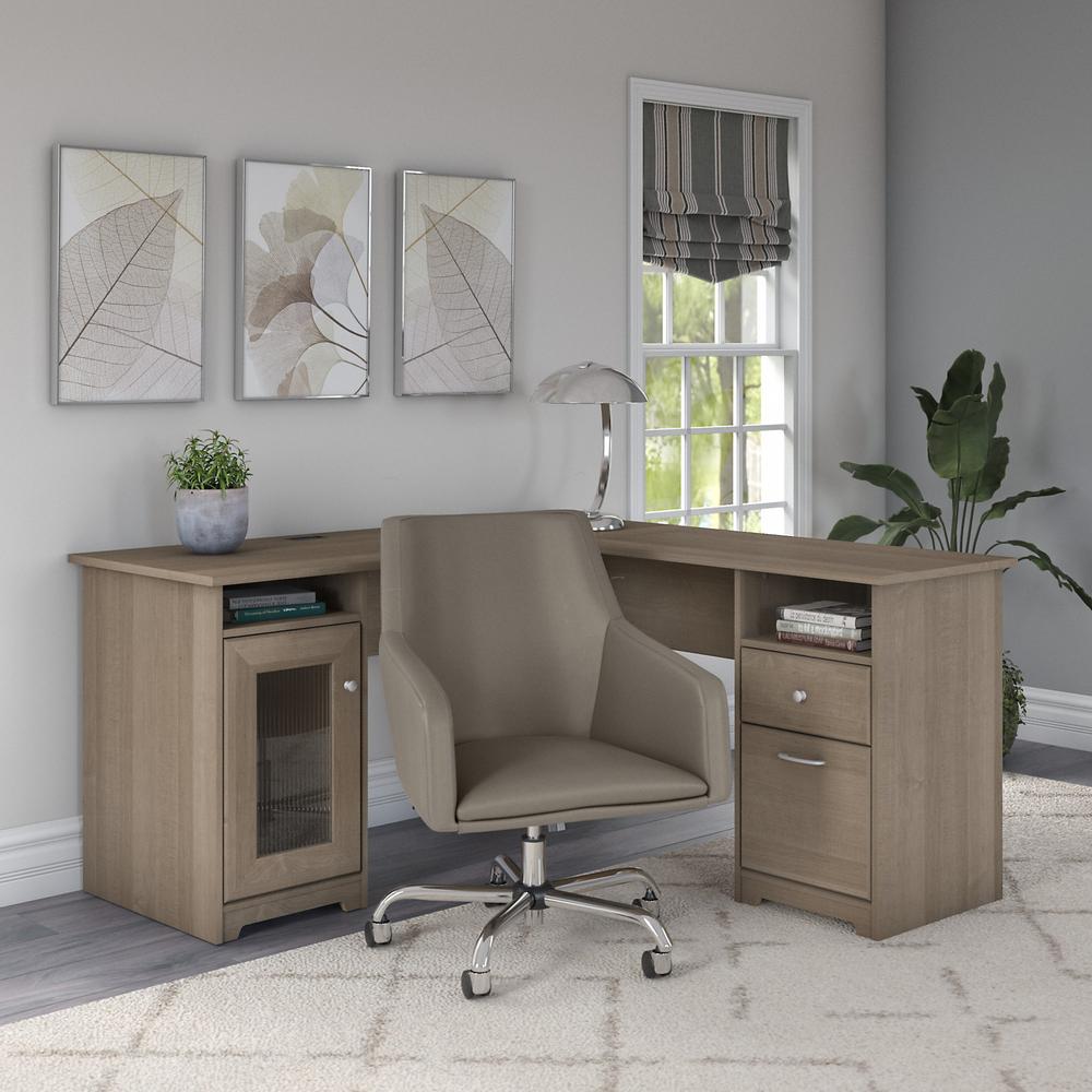 60W L Shaped Computer Desk with Mid Back Leather Box Chair Ash Gray. Picture 2
