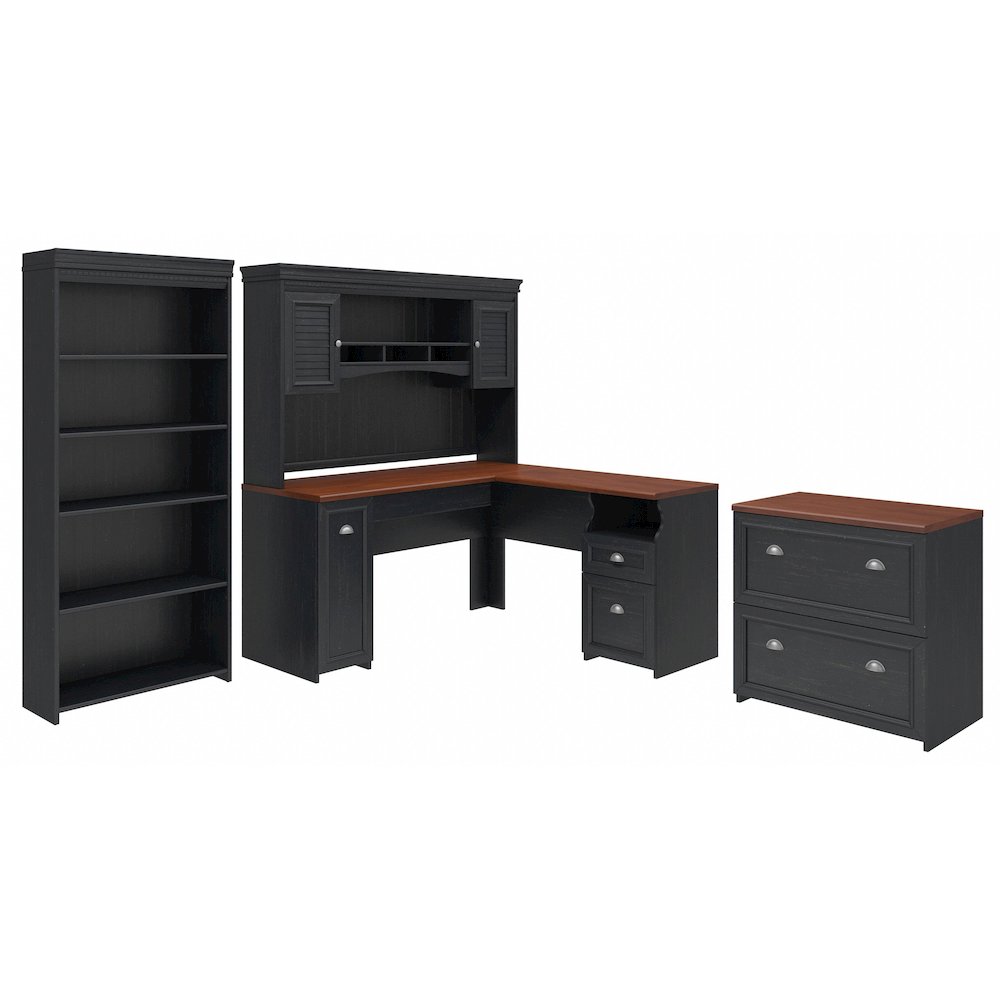 Fairview 60W L Shaped Desk with Hutch, Lateral File Cabinet and 5 Shelf Bookcase. Picture 1