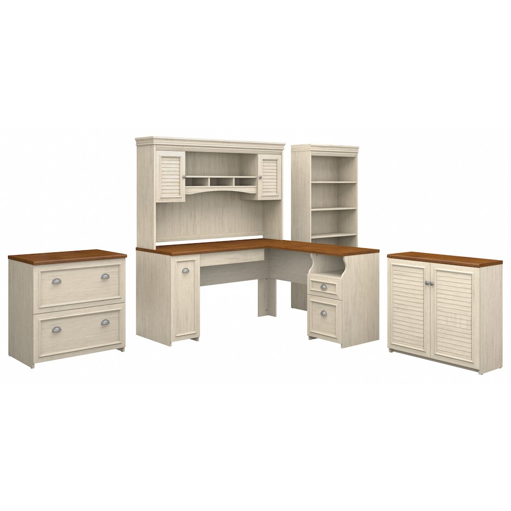 Fairview 60W L Shaped Desk with Hutch, File Cabinet, Bookcase and Storage. Picture 1