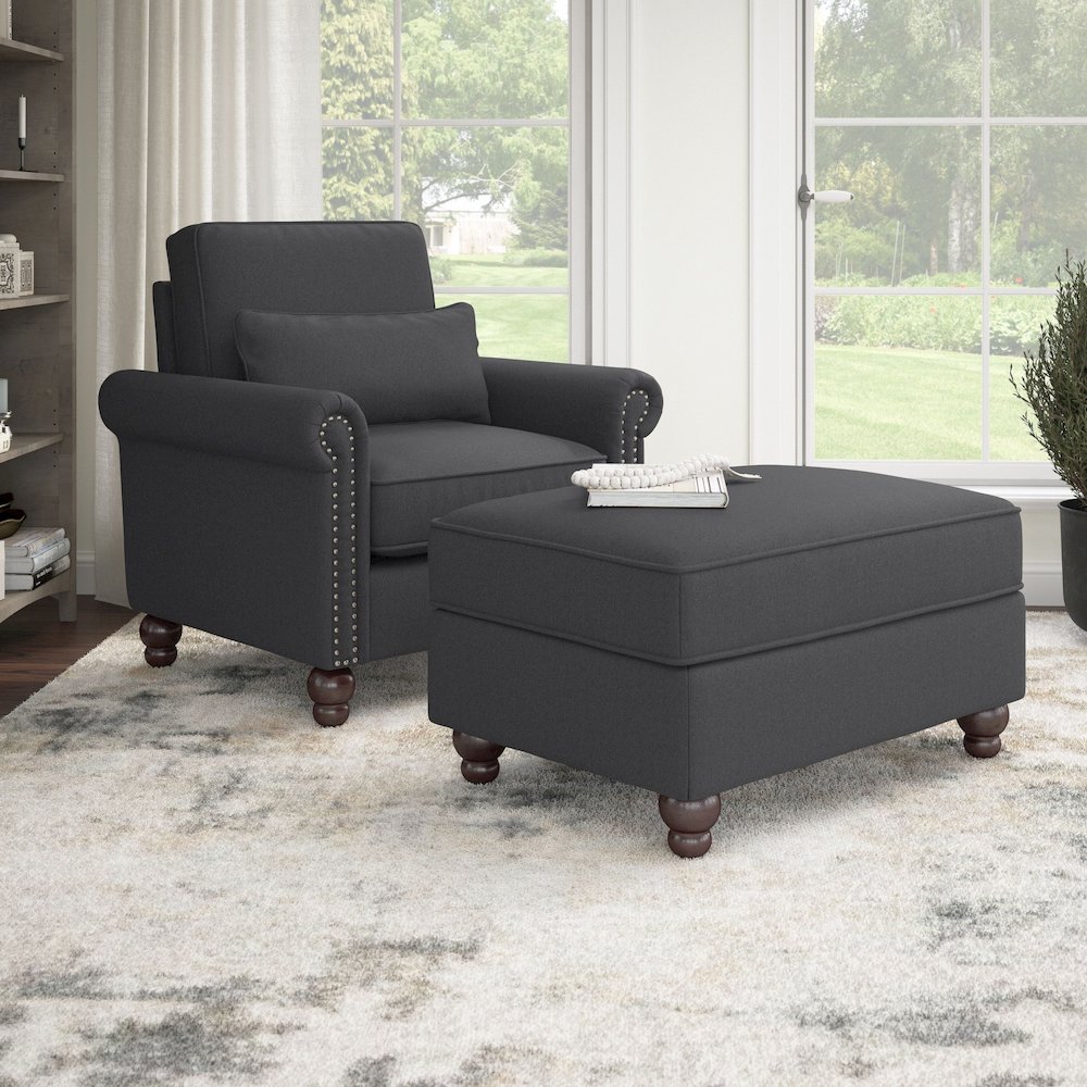 Coventry Accent Chair with Ottoman Set in Charcoal Gray Herringbone. Picture 2