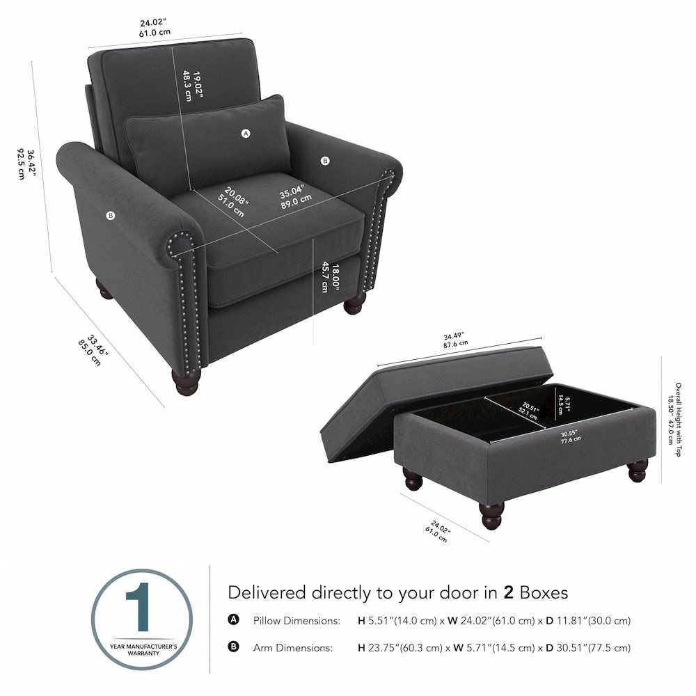 Coventry Accent Chair with Ottoman Set in Charcoal Gray Herringbone. Picture 5