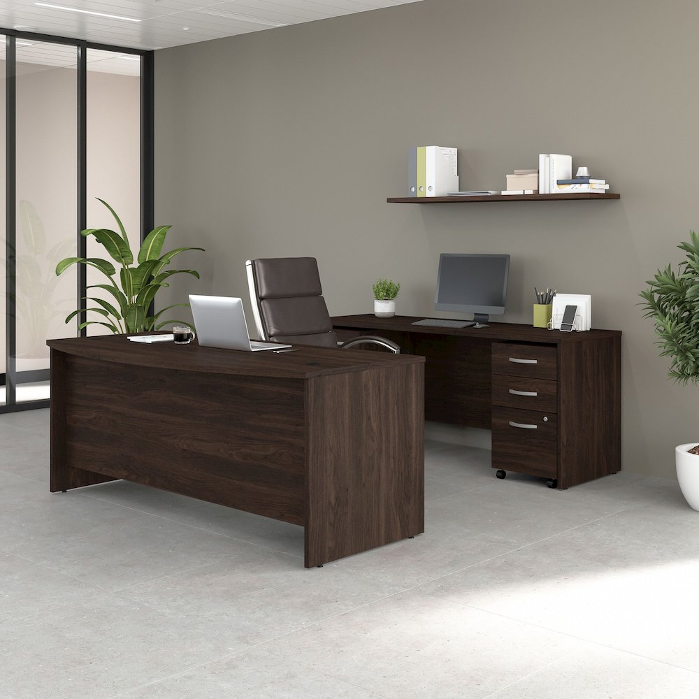 Studio C 72W x 36D Bow Front Desk and Credenza with Mobile File Cabinets. Picture 2