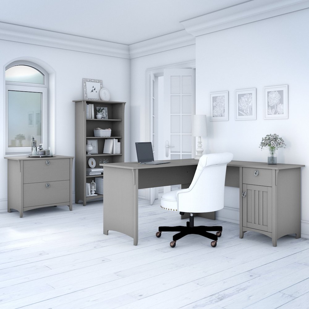 Salinas 60W L Shaped Desk with Lateral File Cabinet and 5 Shelf Bookcase. Picture 2