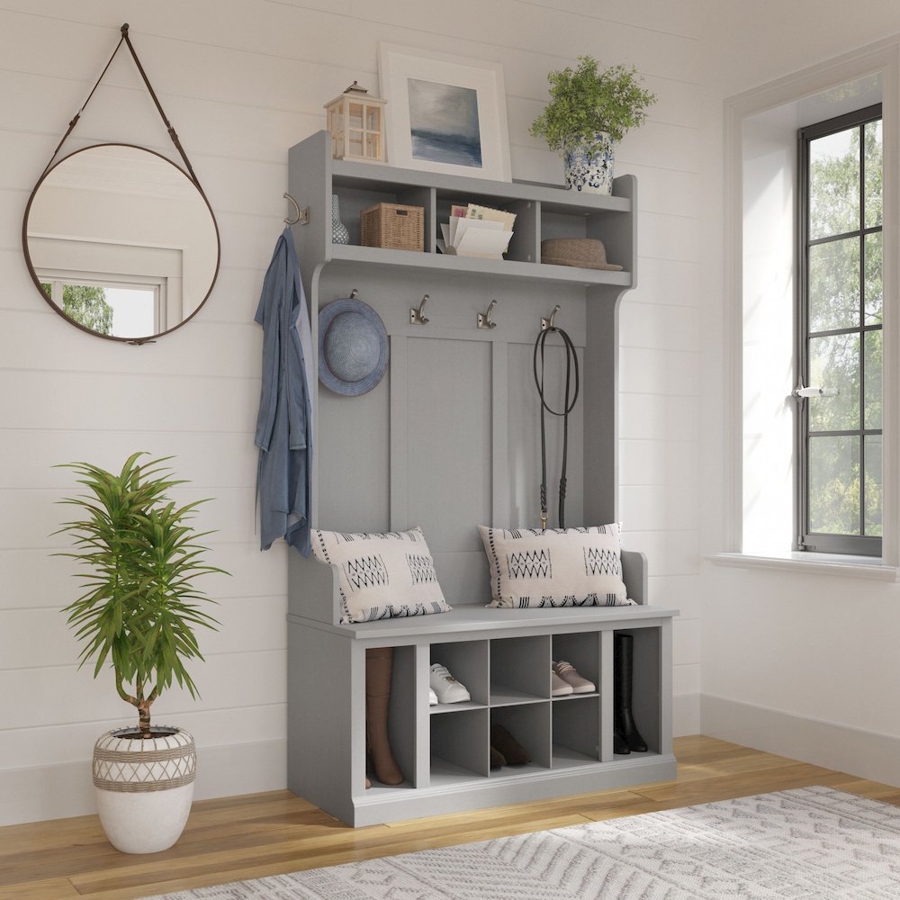 Woodland 40W Hall Tree and Shoe Storage Bench with Shelves. Picture 2
