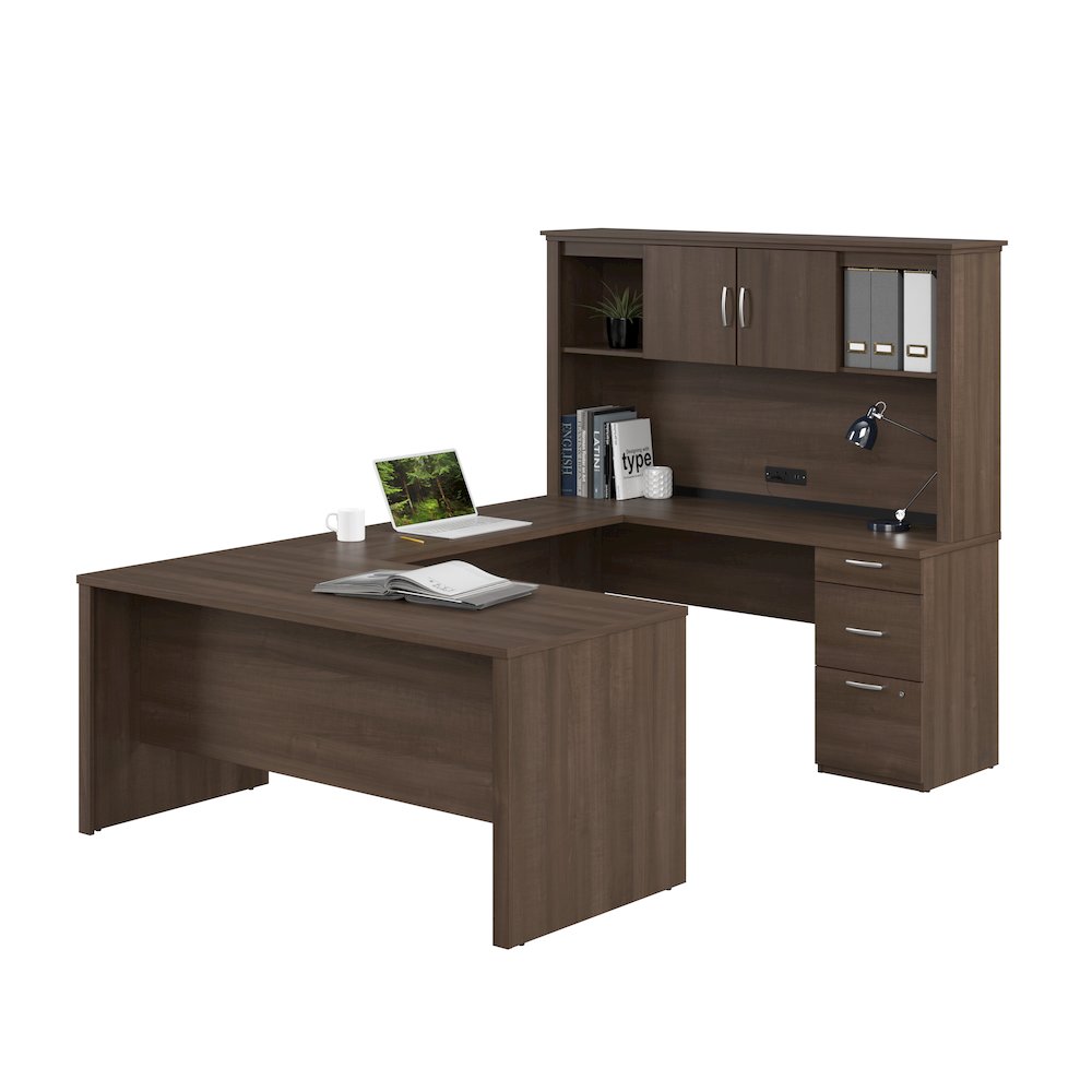 66W U or L-Shaped Executive Office Desk with Pedestal and Hutch. Picture 1