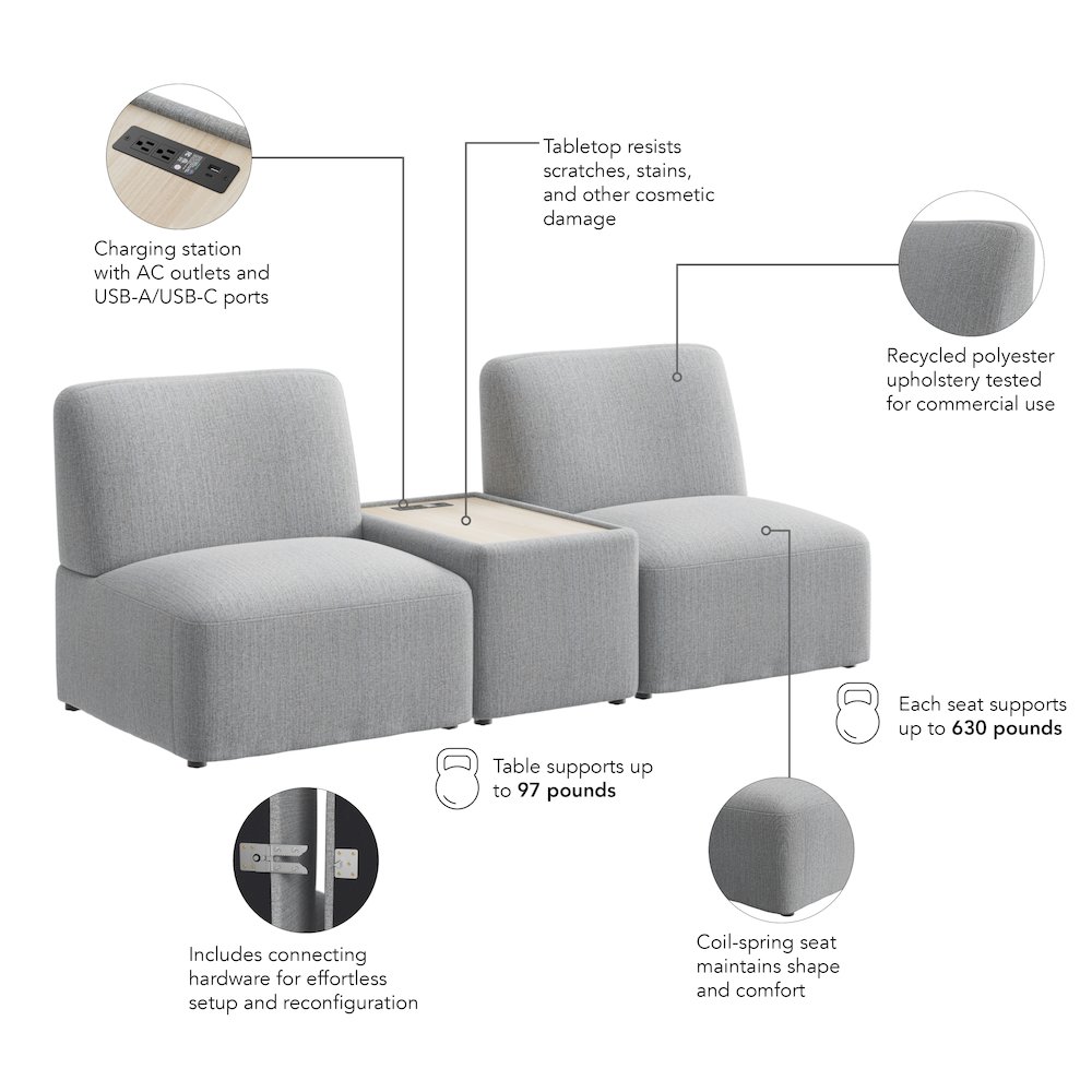Assemble Modular 2 Seater Sectional with Charging Station in Fog Fabric. Picture 7