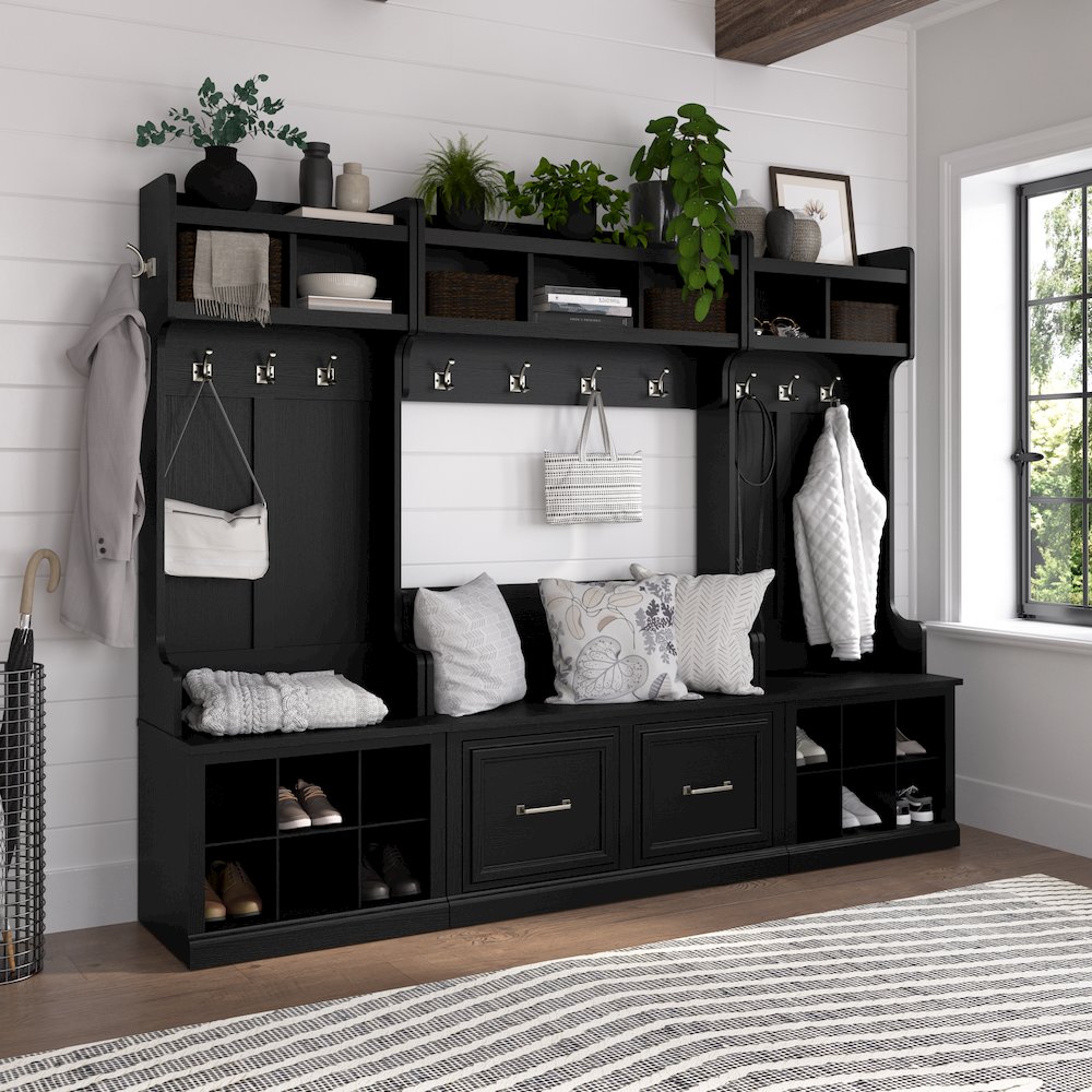 Woodland Full Entryway Storage Set with Coat Rack and Shoe Bench with Doors. Picture 2