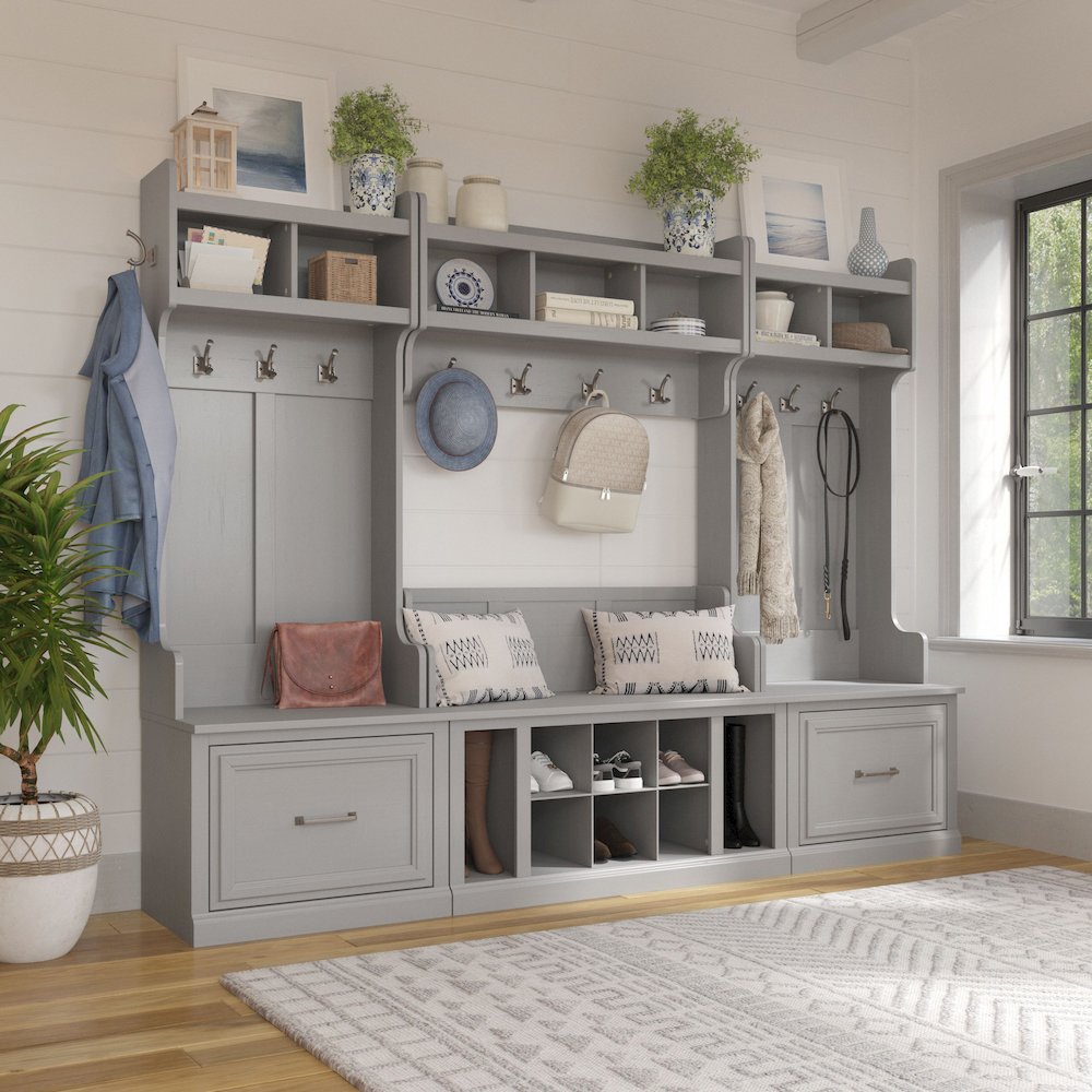 Woodland Full Entryway Storage Set with Coat Rack and Shoe Bench with Drawers. Picture 2