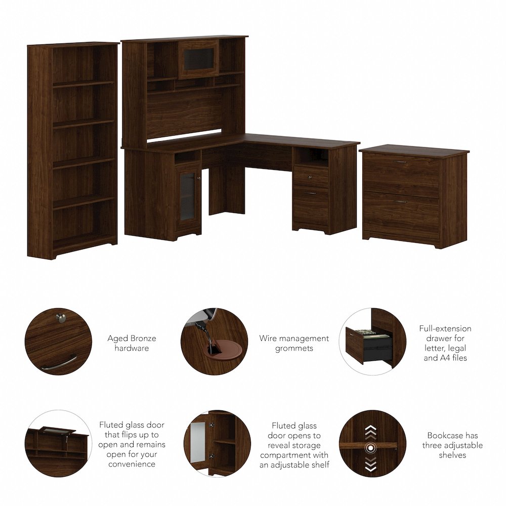 Cabot 60W L Shaped Computer Desk with Hutch, File Cabinet and Bookcase. Picture 8