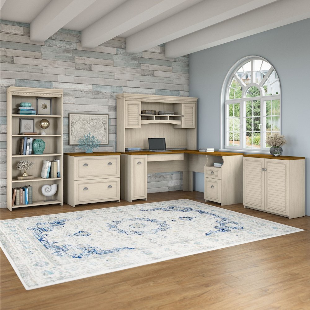 Fairview 60W L Shaped Desk with Hutch, File Cabinet, Bookcase and Storage. Picture 2