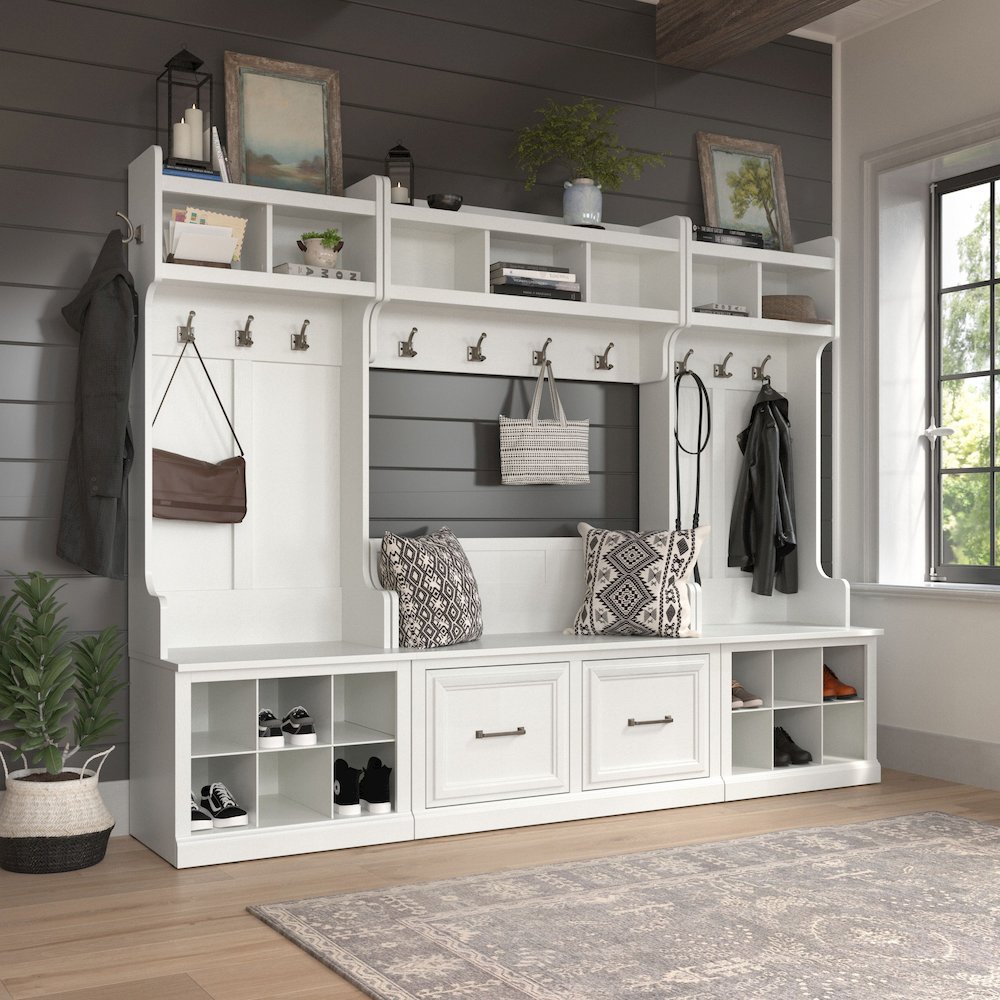 Woodland Full Entryway Storage Set with Coat Rack and Shoe Bench with Doors. Picture 2