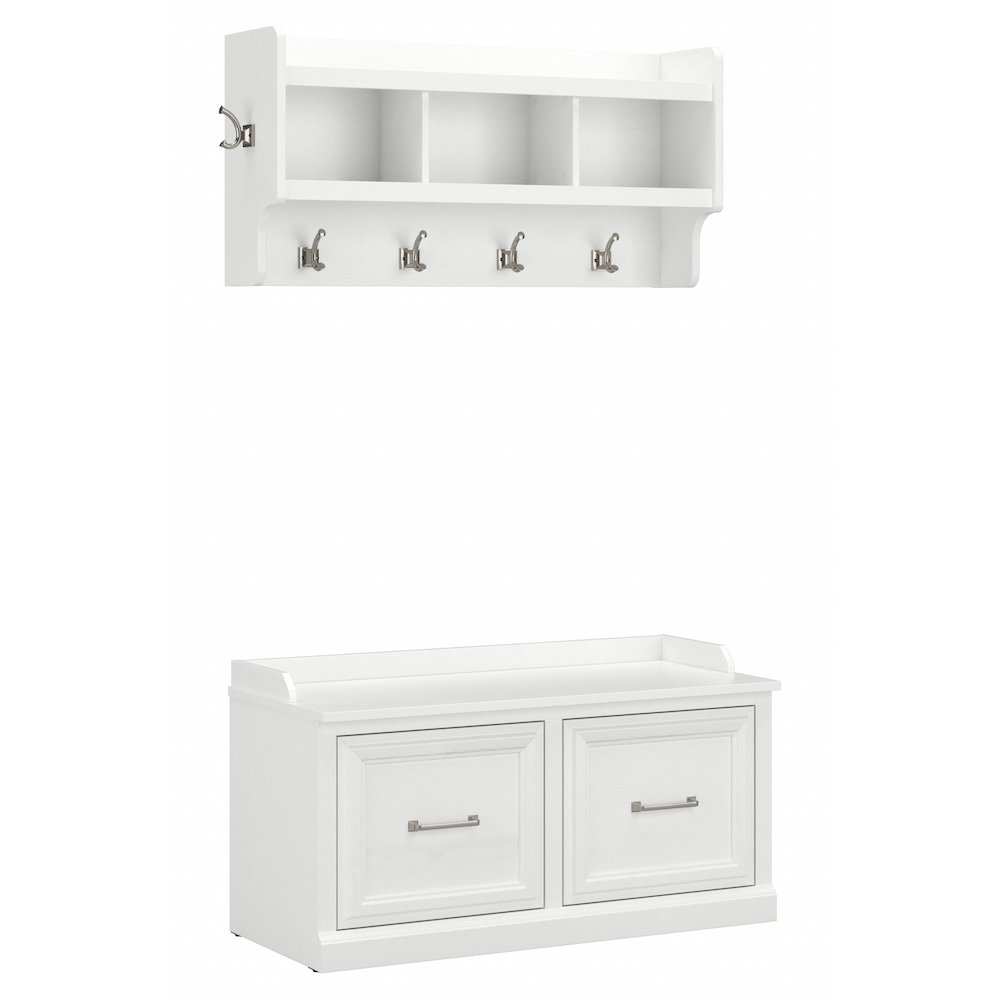 Woodland 40W Shoe Storage Bench with Doors and Wall Mounted Coat Rack. Picture 1