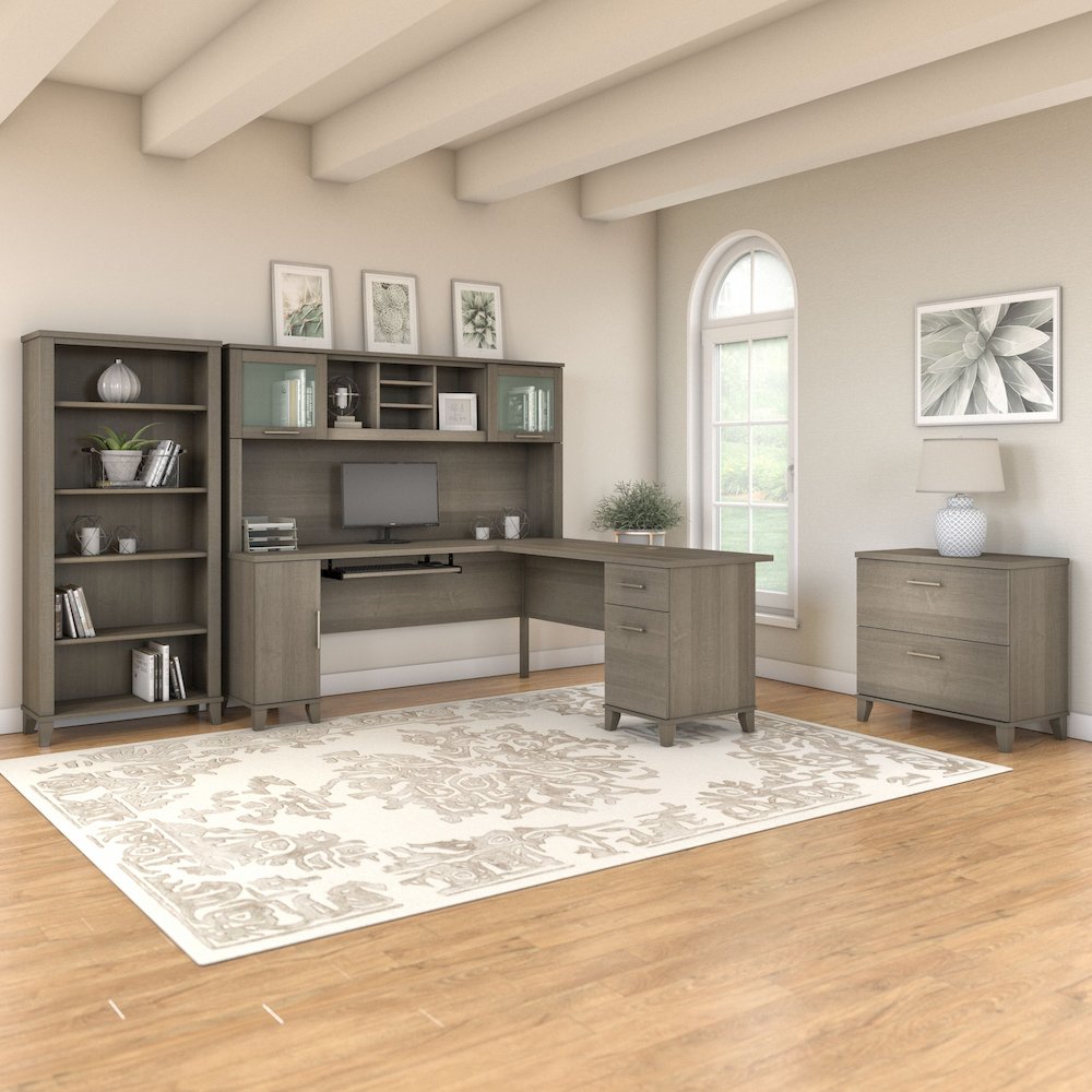 Somerset 72W L Shaped Desk with Hutch, Lateral File Cabinet and Bookcase. Picture 2