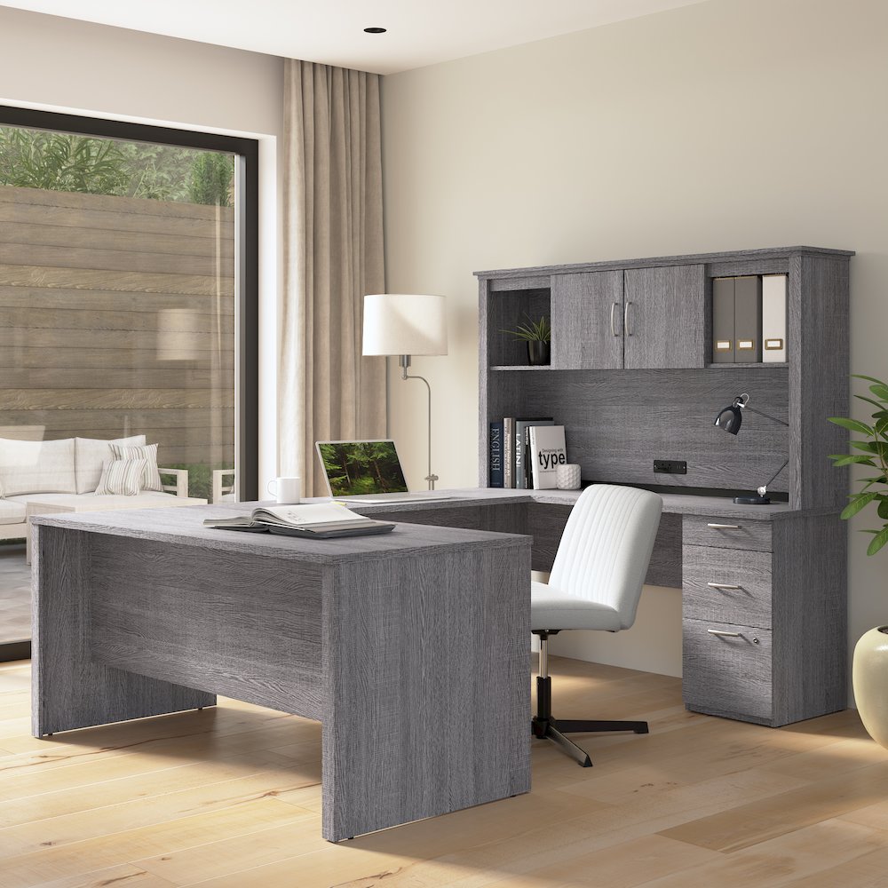 66W U or L-Shaped Executive Office Desk with Pedestal and Hutch. Picture 2