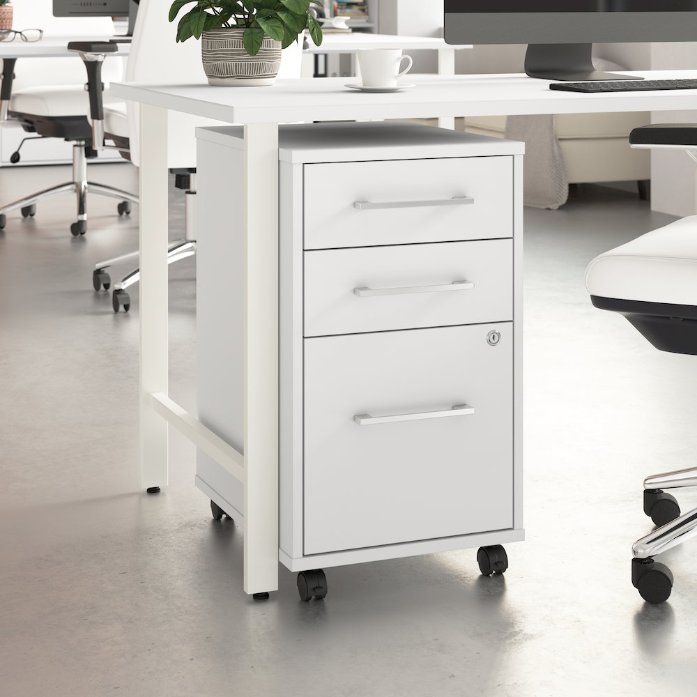 Hustle 3 Drawer Rolling File Cabinet with Lock in White. Picture 2