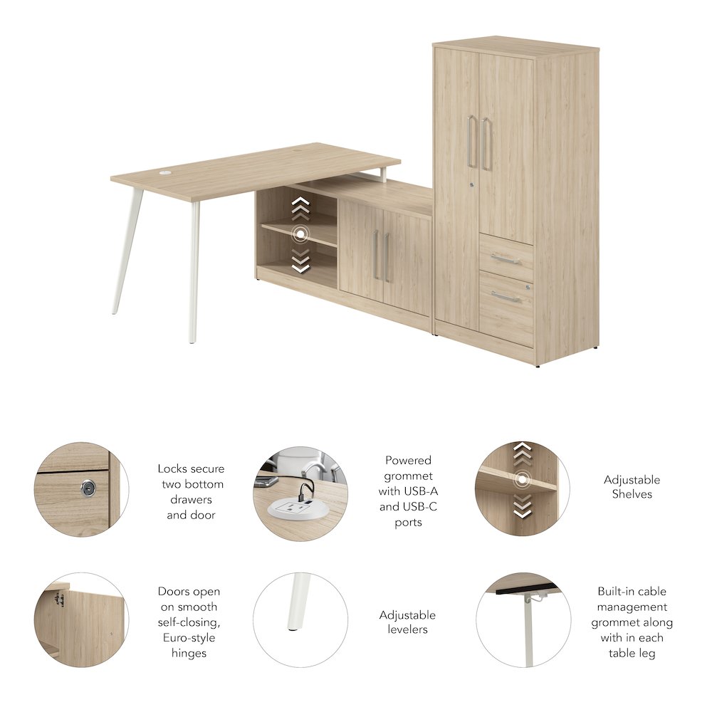 Vista 60W L Shaped Desk with Metal Legs, Low Storage Cabinet, and Wardrobe. Picture 11