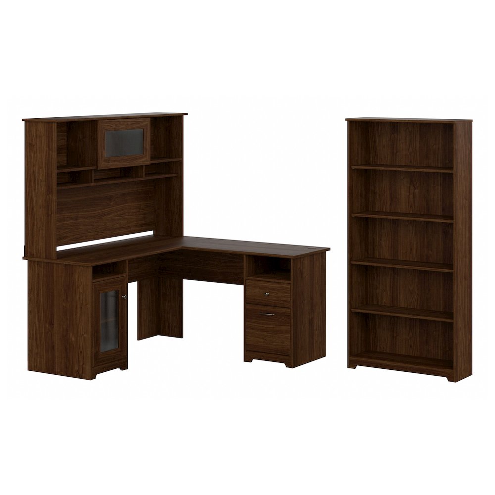 Cabot 60W L Shaped Computer Desk with Hutch and 5 Shelf Bookcase. Picture 1
