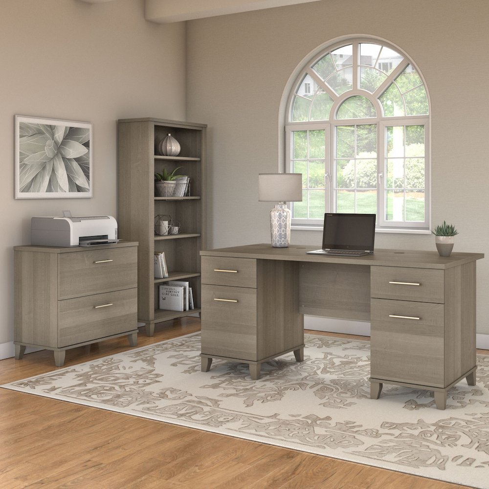 Somerset 60W Office Desk with Lateral File Cabinet and 5 Shelf Bookcase. Picture 2