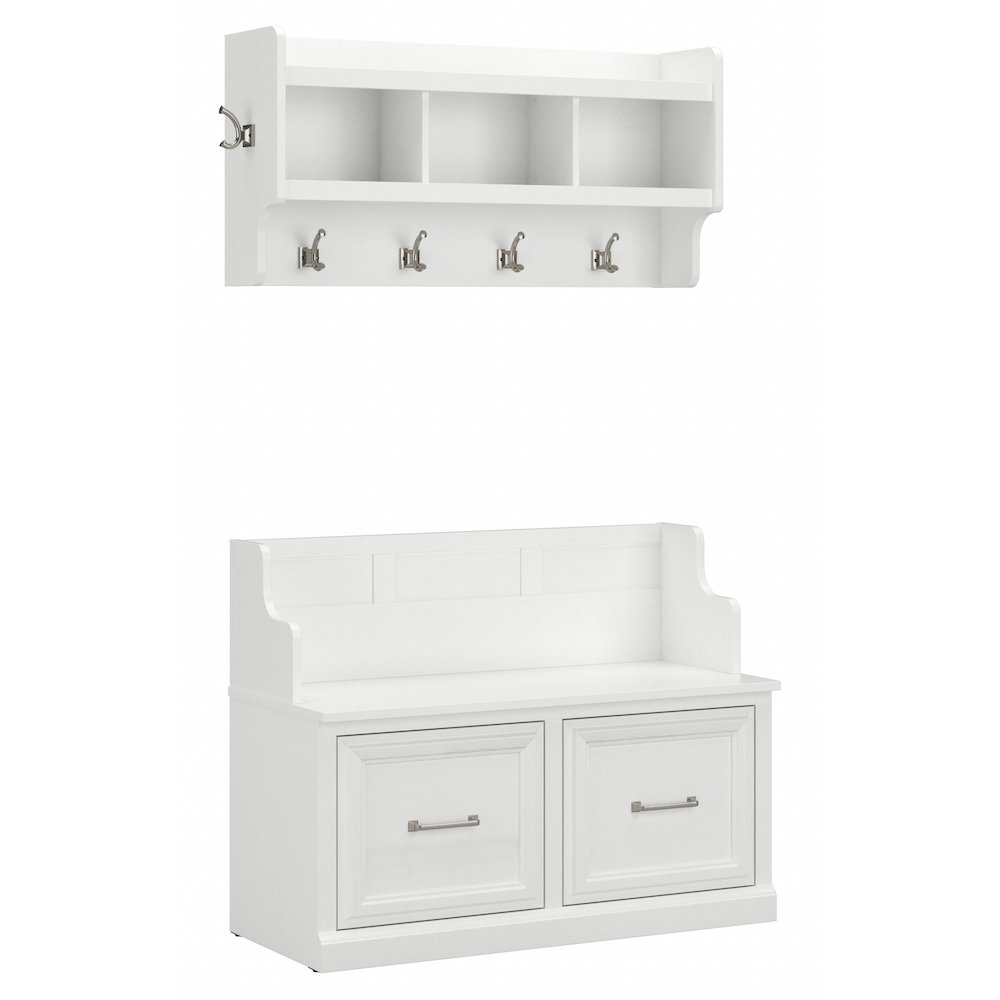 Woodland 40W Entryway Bench with Doors and Wall Mounted Coat Rack. Picture 1