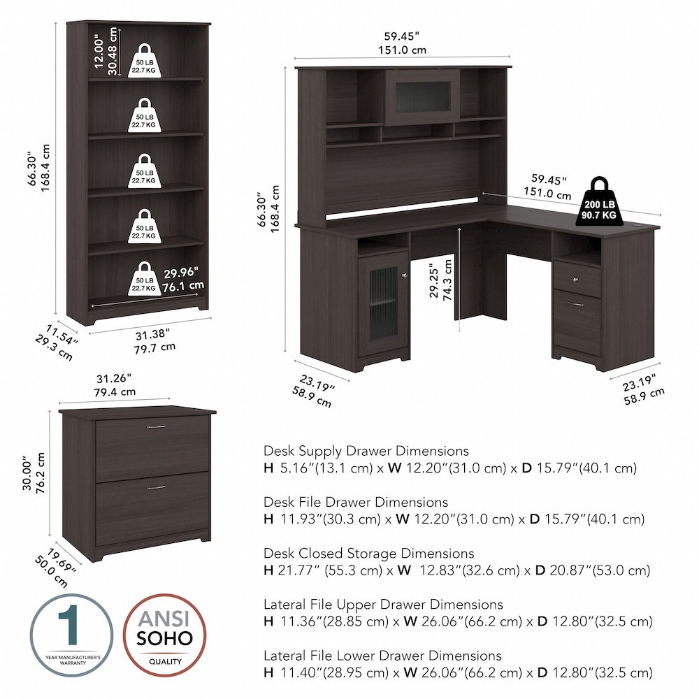 Cabot 60W L Shaped Computer Desk with Hutch, File Cabinet and Bookcase. Picture 9