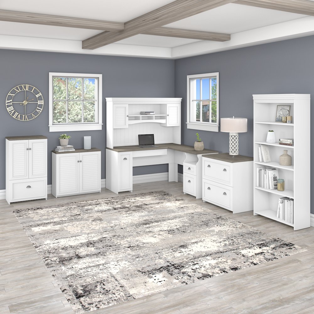 Fairview 60W L Shaped Desk with Hutch, Lateral File Cabinet and 5 Shelf Bookcase. Picture 3