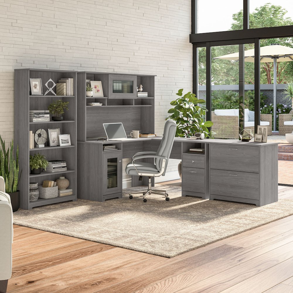 Cabot 60W L Shaped Computer Desk with Hutch, File Cabinet and Bookcase. Picture 2