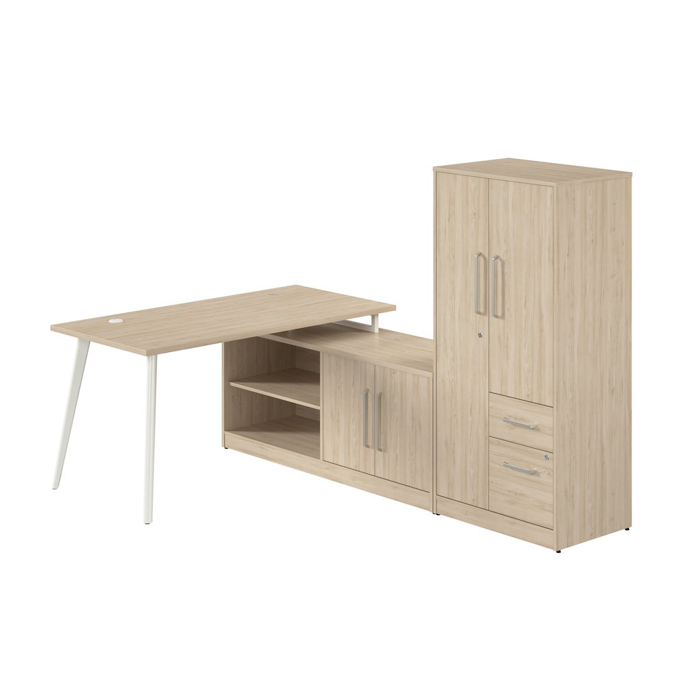 Vista 60W L Shaped Desk with Metal Legs, Low Storage Cabinet, and Wardrobe. Picture 1