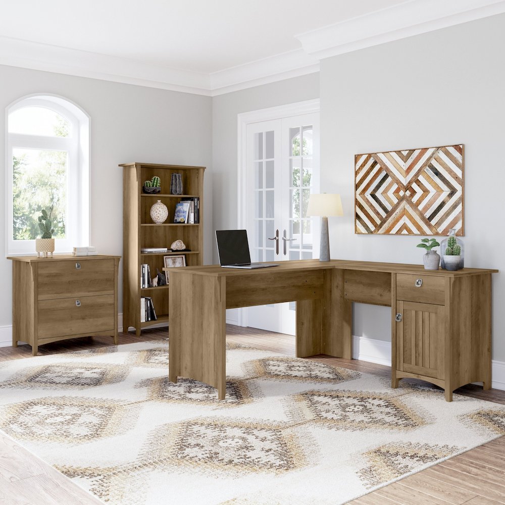 Salinas 60W L Shaped Desk with Lateral File Cabinet and 5 Shelf Bookcase. Picture 2