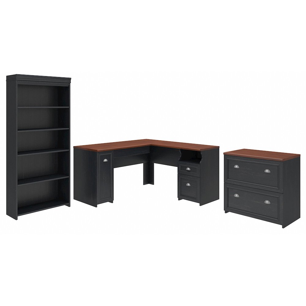 Fairview 60W L Shaped Desk with Lateral File Cabinet and 5 Shelf Bookcase. Picture 1