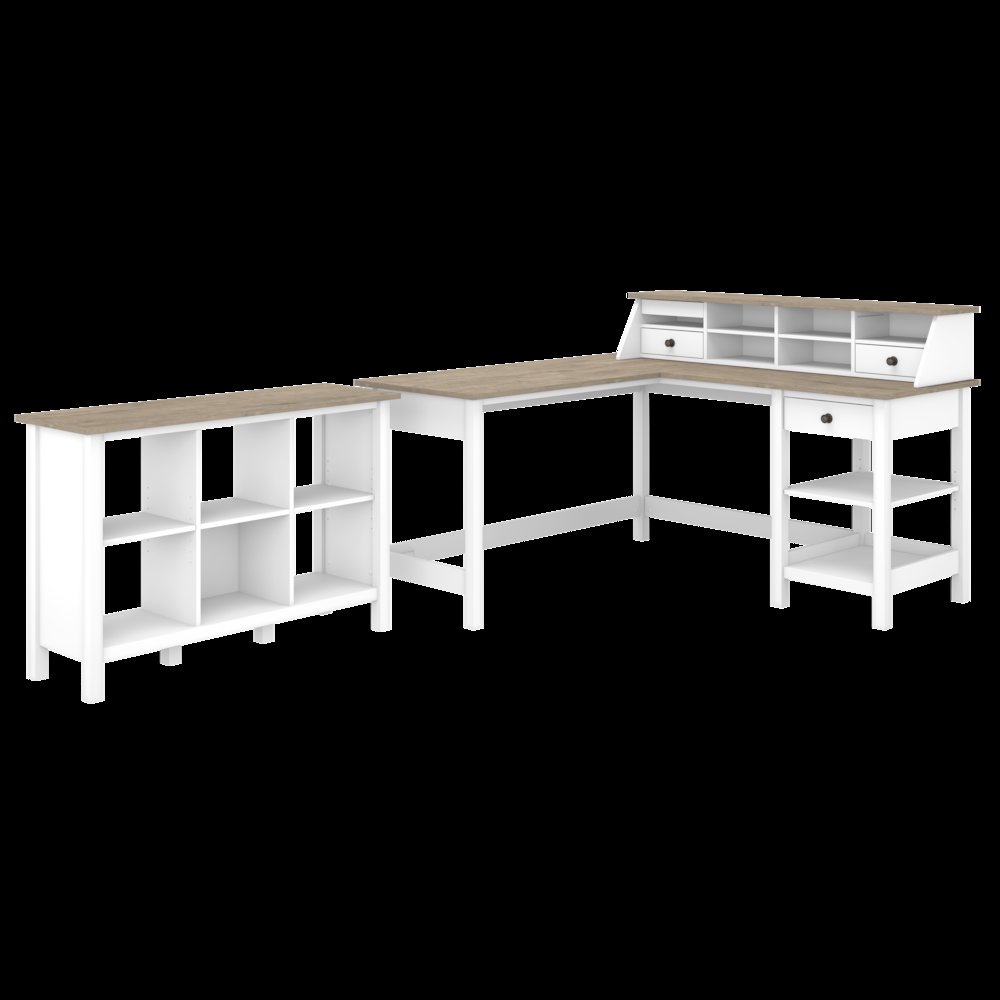 Mayfield 60W L Shaped Computer Desk with Desktop Organizer and 6 Cube Bookcase. Picture 1