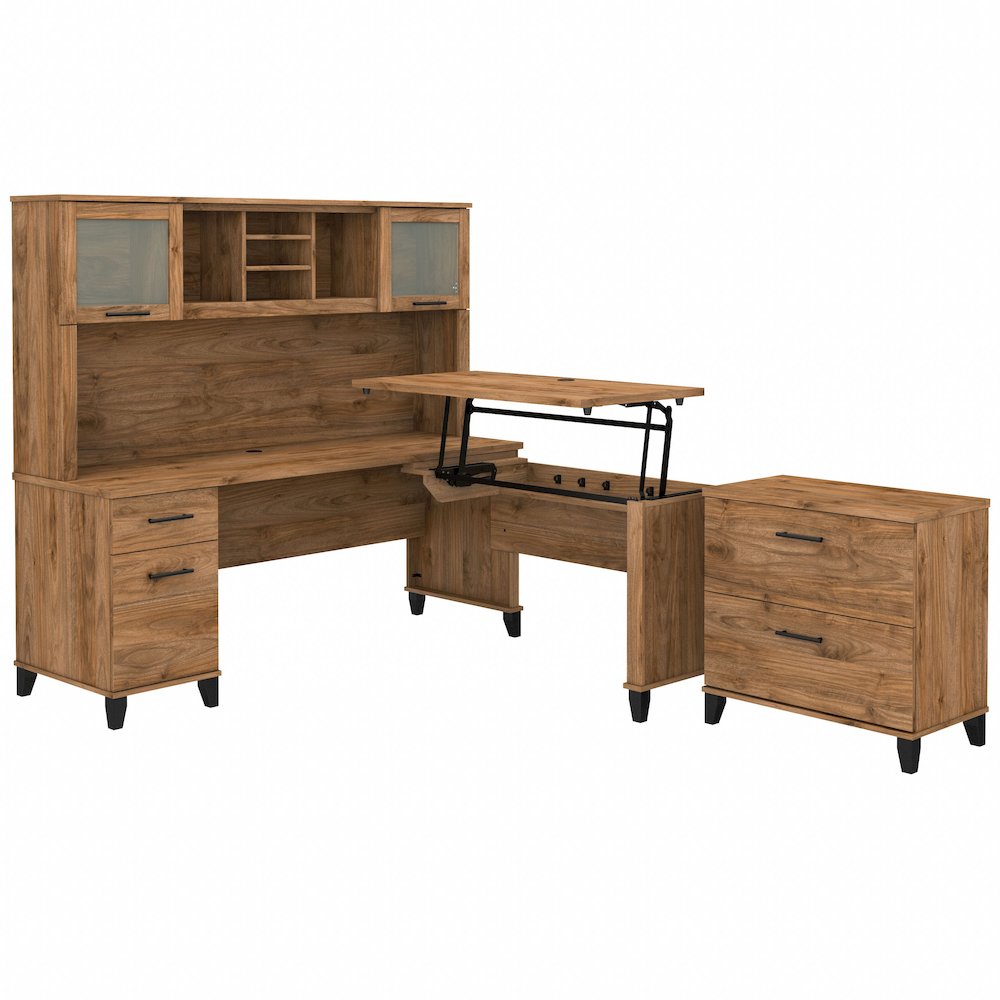Somerset 72W 3 Position Sit to Stand L Shaped Desk with Hutch and File Cabinet. Picture 1