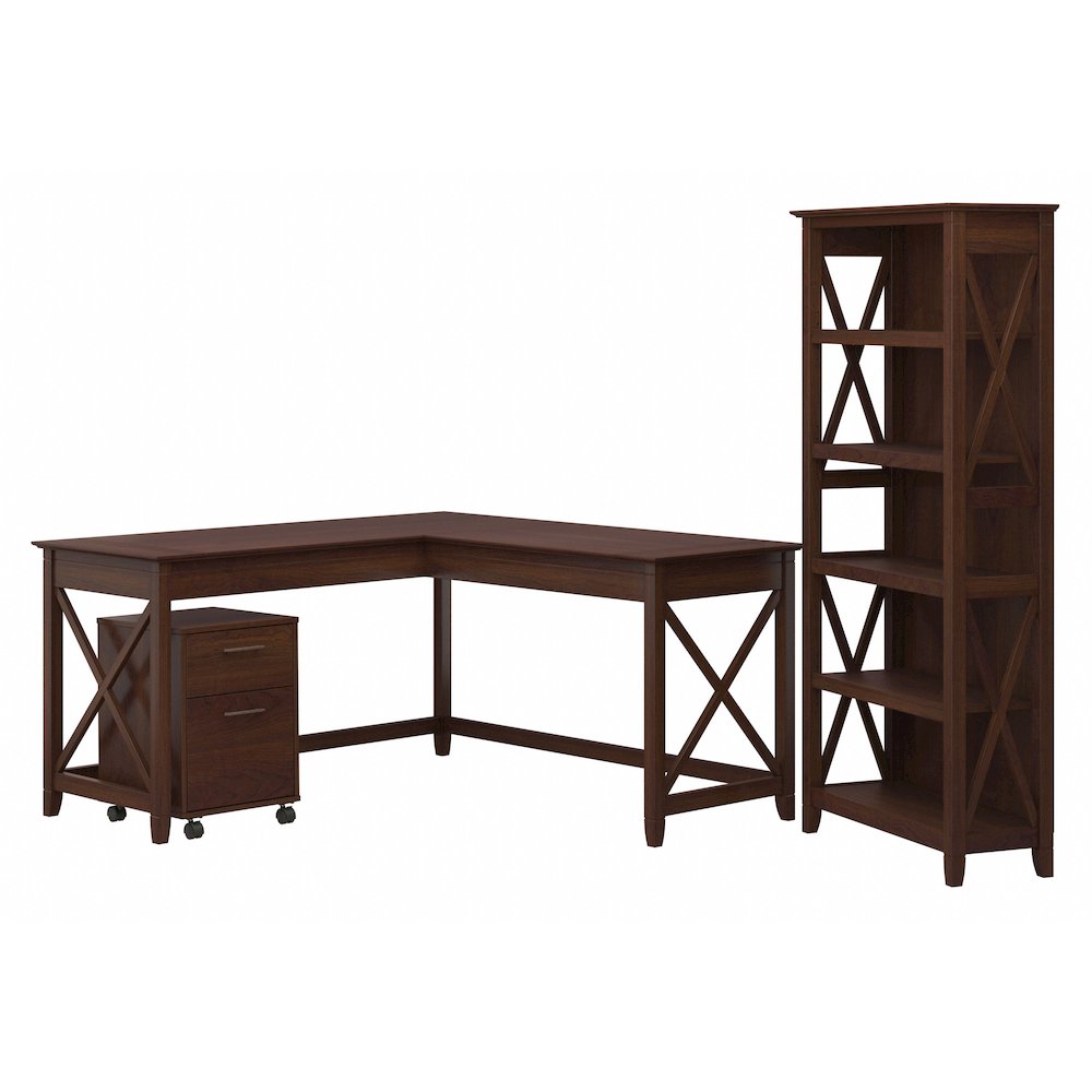 60W L Shaped Desk with 2 Drawer Mobile File Cabinet and 5 Shelf Bookcase. Picture 1